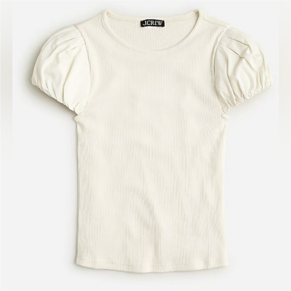 NWT J.Crew Vintage Rib Tee / Poplin Puff Sleeves in Natural Sz XS - green tape